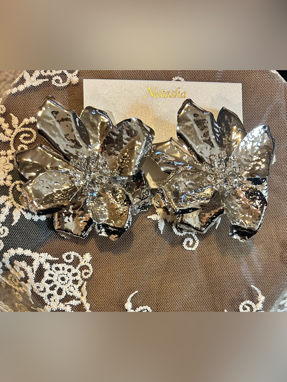 Natasha Couture Silver & Rhinestone Earrings Large NWT